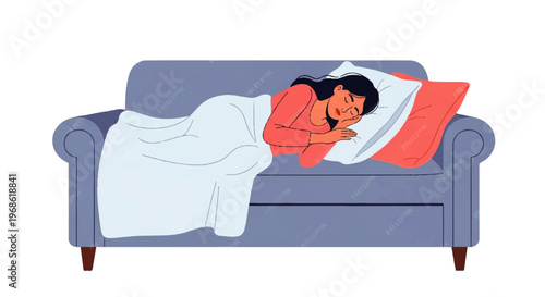 Vector flat design illustration of a woman peacefully sleeping on a couch with a pillow and blanket