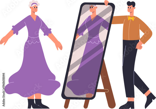 Woman seeing herself in full length mirror