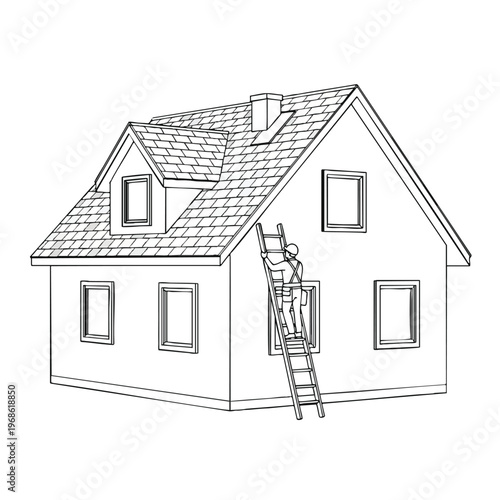 A person on a ladder works on a house with a dormer and a chimney