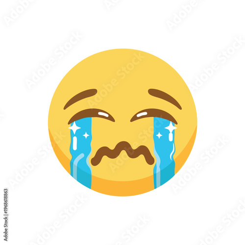 A yellow circle face with large blue tears flowing down its cheeks and a wavy mouth