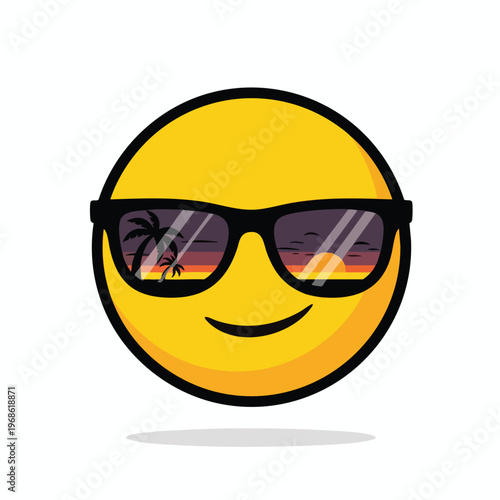Yellow smiley face wearing sunglasses reflecting a tropical sunset with palm trees
