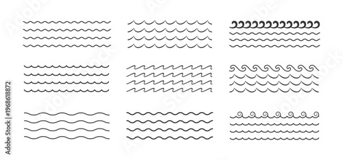 Set of silhouette wave line. Ocean waves line set. Water Waves, Sea Lines, and Surf Elements. Black water waves. Vector illustration
