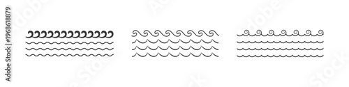 Set of silhouette wave line. Ocean waves line set. Water Waves, Sea Lines, and Surf Elements. Black water waves. Vector illustration