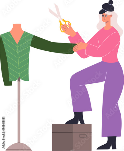 Woman cutting fabric on mannequin for fashion design