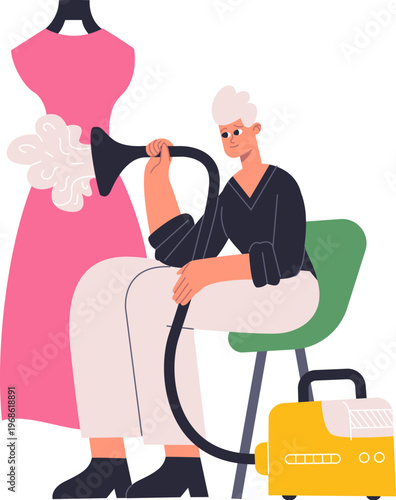 Person steaming dress using professional garment steamer