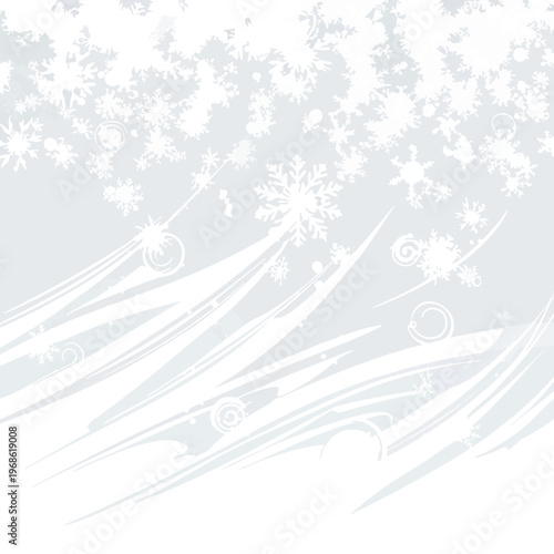 A winter wonderland of snowflakes and abstract white lines on a grey background