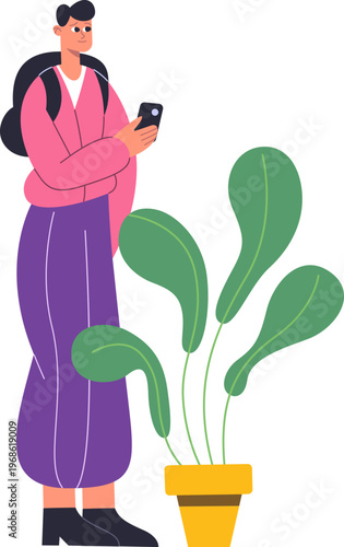 Person using smartphone while standing with backpack