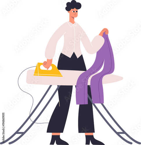 Person doing household chore ironing clothing on board