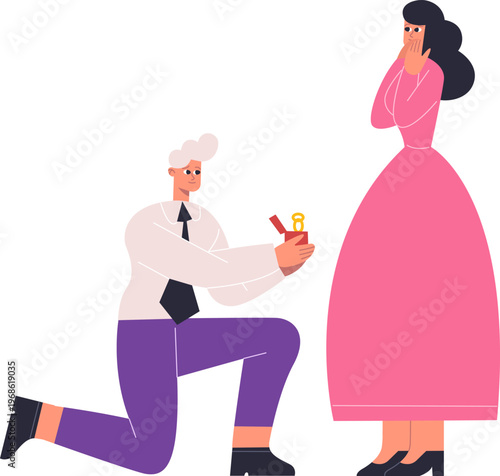 Man proposing marriage to surprised woman receiving engagement ring