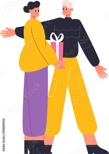 Partner giving surprise gift celebrating special occasion