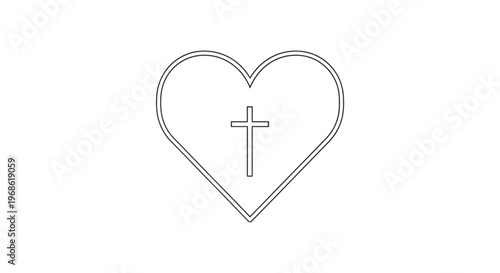 Minimalist vector line icon of a heart with a Christian cross in the center, representing divine love, faith, and spiritual devotion.