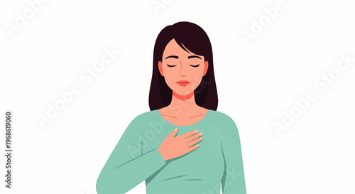 Vector flat design illustration of a woman with her hand on her heart, expressing love and gratitude in a minimalist