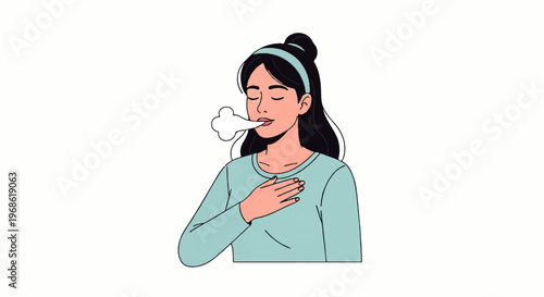 A woman with a bun and headband coughs while clutching her chest in a simple Flat Design Illustration Vector style against a clean white background.