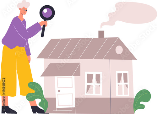 Person examining house using magnifying glass