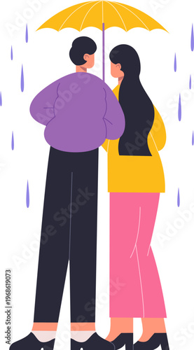 Couple sharing umbrella standing together in rain