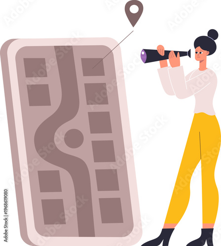 Woman with spyglass locating destination on digital map
