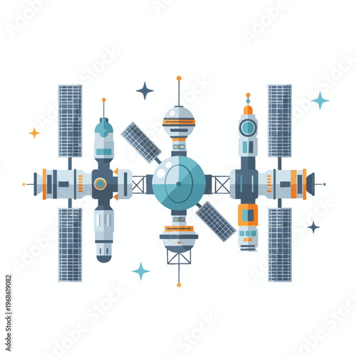 A detailed flat illustration of a space station with solar panels and modules