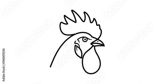Minimalist vector line icon of a rooster head, representing dawn, biblical symbols, and farm animals.