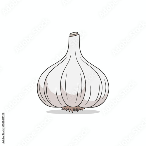 A simple cartoon illustration of a whole garlic bulb with a stem on a white background