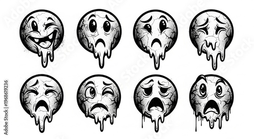 Urban Graffiti Melting Emoji Faces Vector Illustration Sheet in Black Ink Grunge Punk Street Art Style