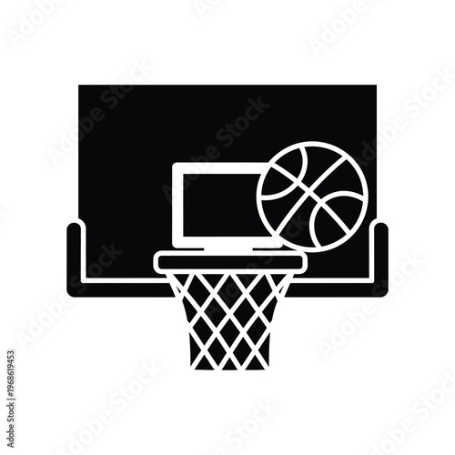 Minimalist black and white basketball hoop icon with backboard and ball for sports branding and athletic design