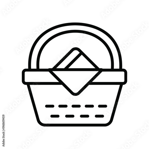 Minimalist black line icon of a traditional picnic basket with a handle and napkin for outdoor dining and summer leisure activities