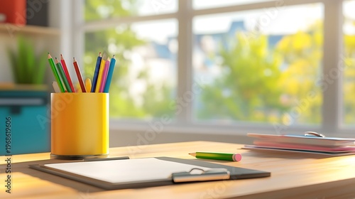Colorful pencils in a yellow cup on a desk with a clipboard and books