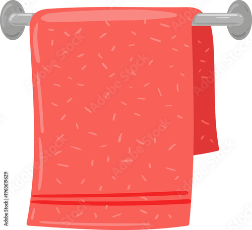 Red towel hanging on metal bar for hygiene concept