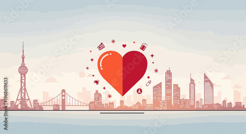 Heart Icon Over Cityscape, Love for Urban Life, Valentine's Day Concept