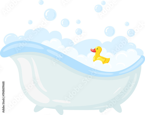 Bathtub filled with bubbles and rubber duck floating