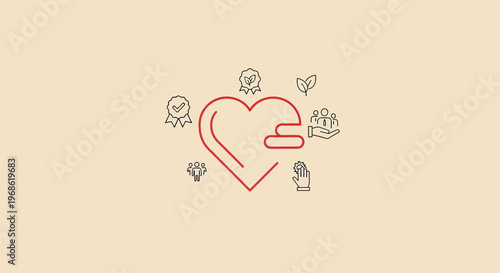 Heart Icon Set: Love, Care, Quality, Teamwork, Growth, Hand, Trust