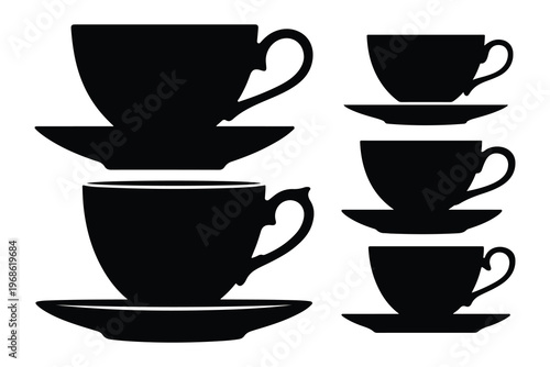 Black tea cup and saucer silhouettes stacked tea cups