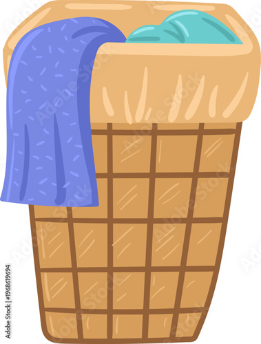 Laundry basket overflowing with dirty clothes for washing