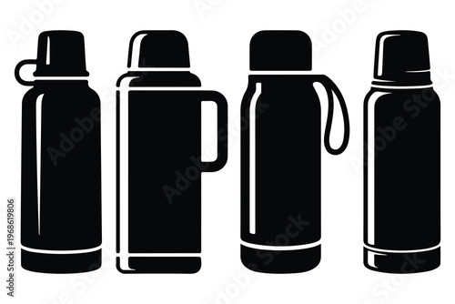Four black thermos bottle silhouettes bottles thermoses