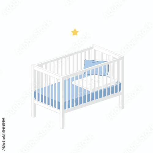Isometric white crib with blue bedding, pillow, and a small yellow star