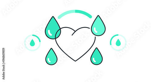 Heart Health Hydration Icon Set: Water Drops and Heart Symbol