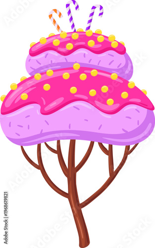 Fantasy candy tree growing sweet pink frosting and sprinkles