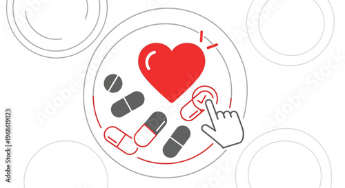 Heart Health Icon with Pills and Hand Cursor, Medical Concept