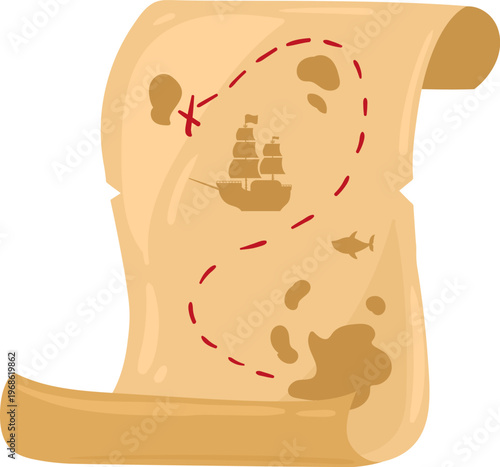 Pirate treasure map showing route and finding X