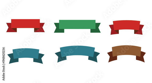 A colorful assortment of six decorative ribbon banners arranged on a white background showcasing a flat design silhouette high quality professional