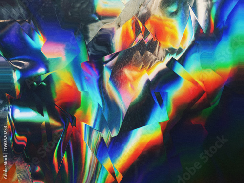 Obraz na plátne Crystalline holographic abstract background with prismatic chromatic light, glitch distortion and grainy noise texture