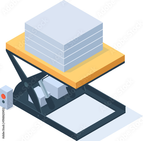 Scissor lift table raising heavy stack of paper