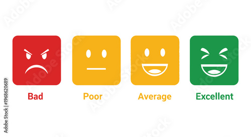 A sequence of four square faces depicting emotional feedback ranging from bad to excellent silhouette high quality professional detailed modern elegant