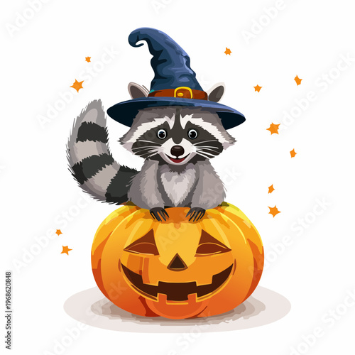 Waschbär mit Hexenhut auf Kürbis – Verspielter Vektor