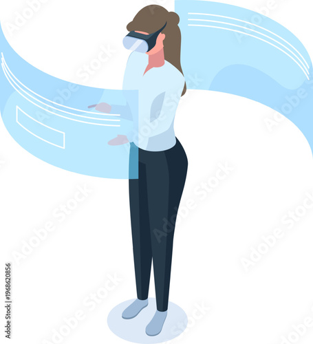 Woman exploring augmented reality interface with VR headset