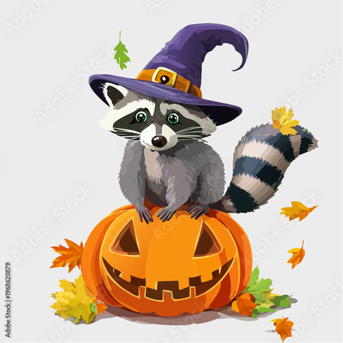 Waschbär mit Hexenhut auf Kürbis – Verspielter Vektor