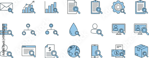 Blue and white business search icon set featuring magnifying glass symbols for data analysis, document inspection, financial tracking, and global web investigation icons.