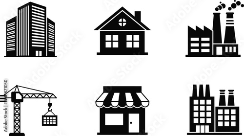 Comprehensive black building icon set featuring modern skyscraper office residential house industrial factory construction crane and retail store storefront symbols for architectural design.