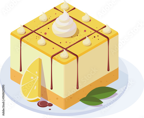 Lemon square dessert with cream and chocolate drizzle