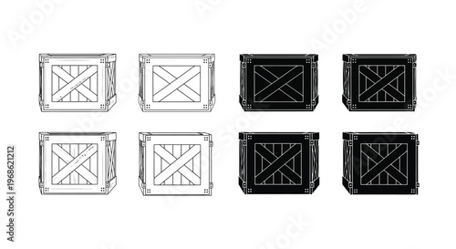 Eight wooden crates in varying shades of gray and black